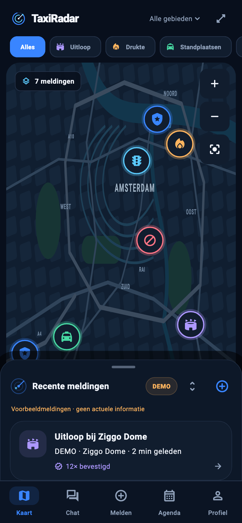 TaxiRadar-kaart met fictieve voorbeeldmeldingen
